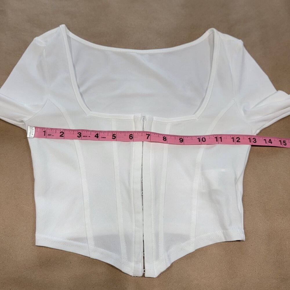 SHEIN Size XS White Asymmetrical Hem Hook and Eye Closure Crop Top, EUC - Picture 7 of 11